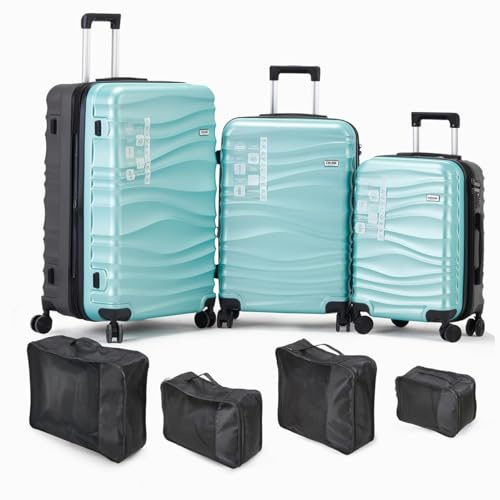 DMS® 7-teiliges Kofferset ABS Hartschale – 3 Trolleys (M/L/XL) mit 360° Rollen & Zahlenschloss + 4 Kleidersäcke – Reisekoffer Set leicht, robust, erweiterbar Urlaub & Business (Türkis)