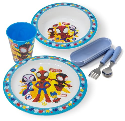 Stor Vajilla Infantil Spiderman – Set de 5 Piezas con Plato, Bol, Vaso y Cubiertos – Vajilla para Niños Reutilizable y Libre de BPA – Juego de Platos Infantiles Regalo para Niños y Niñas