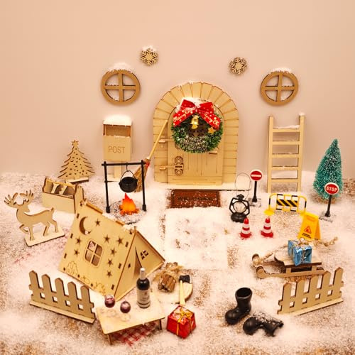47 Stück Wichteltür Set, Wichtelzubehör, Wichtel Set Weihnachten Komplett mit Camping, Lagerfeuer, Baustellen-Deko, Elfenfußabdruck, Rotwein-Set, Holz-Wichteltür für DIY Weihnachtsdekoration