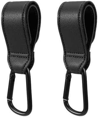 2pcs Buggy Clips, Non-Slip PU Leather Pram Hook, Universal Carabiner Hook for Bags, Pram Clips for Buggy Rocker Stroller Pushchair Rollator Mobility Scooter Universal Accessories (Black）