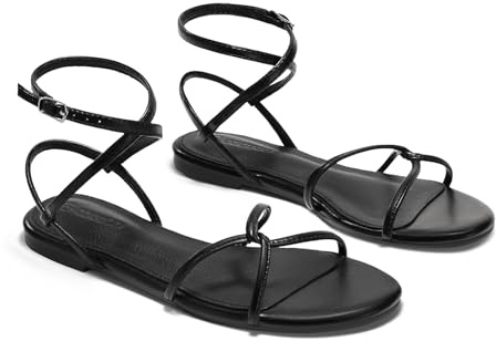 Coutgo Womens Flat Sandals Strappy Open Toe Cross Lace Up Ankle Strap Summer Dressy Beach Shoes, Black, size 10
