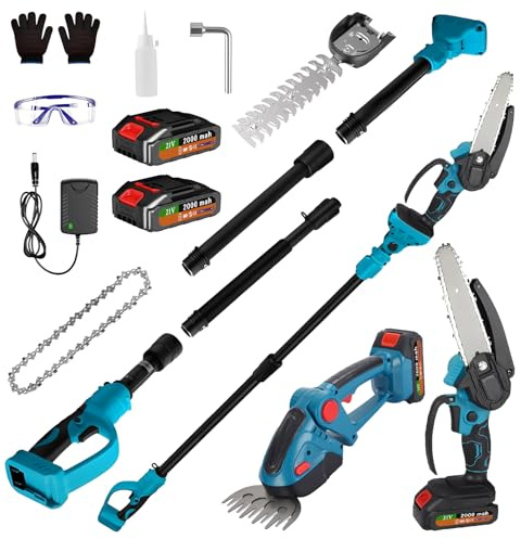 Teleskop Heckenschere Akku mit 2 x 2000mAh Batterien, Handliche Grasschere Elektrisch mit Segmentierte Verlängerungsstange, Mini Akku Kettensäge, Brushless Motor, für Garten & Baumpflege