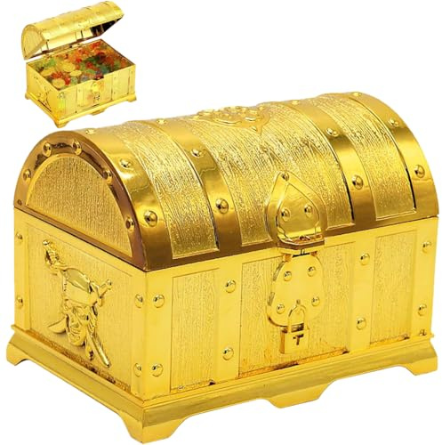 SZJFYMQ Cofre del Tesoro Pirata, Monedas de Oro Juguete Pirata, Cofre del tesoro pirata retro， Perfecto para fiestas de búsqueda del tesoro pirata-Decoración y Almacenamiento, (14 * 9.7 * 9.5CM)