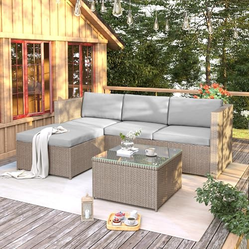 BTM Garden Corner Sofa, PE Rattan Garden Sofa Set, Garden Furniture Set with Coffee Table, Khaki