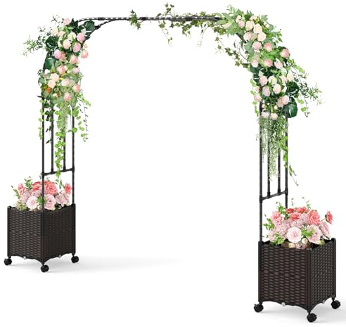 GOPLUS Arche de Jardin avec 2 Jardinières Surélevées, Roues Verrouillables, Jardinières avec Treillis Arqué pour Plantes Grimpantes Fleurs Herbes Légumes Fruits (288x40x202CM,Noir Foncé)