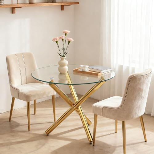 STAPERFO Mesa de comedor redonda de cristal templado de 80 cm – Mesa de cocina dorada para 2 – 4 personas con patas ajustables, diseño minimalista dorado