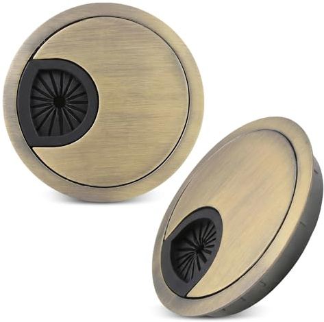 2 Pack 80mm Desk Cable Grommet Hole Cover, Premium Metal Wire Tidy Organiser Insert with Rubber Seal, Antique Brass Finish Cable Management for Office Computer Desk, Worktop & TV Cabinet (80 mm)
