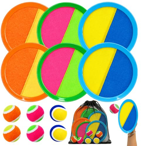 Toss and Catch Ball Game Outdoor Toys for Kids, Beach Toys with 6 Paddles 6 Balls, Sticky Catch Game Set with Storage Bag, Garden Lawn Pool Family Games for Kids Adults (6-Color)