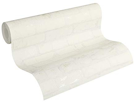 A.S. Création 907851 9078-51 – Papel pintado de vellón, « Best of Wood 'n Stone», fotorrealista, con diseño de ladrillos, 10,05 m x 0,53 m, blanco metálico, Metallic, Weiß