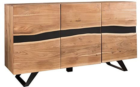 FineBuy Sideboard Akazie Massivholz 150 cm mit 3 Türen- Massive Retro Baumkanten Kommode - Design Natur Anrichte - Handmade Industrial