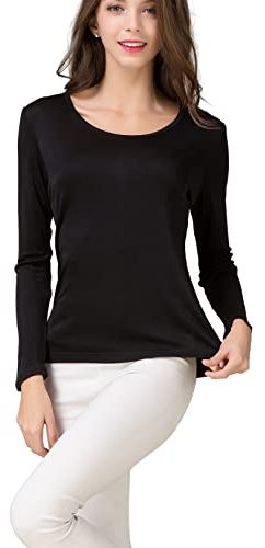 METWAY Women's Mulberry Silk T-Shirt Long Sleeve Pure Silk tee Shirt/Crew Neck Silk Blouse Undershirt Medium Black