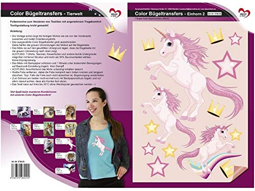Ideen mit Herz Color Bügeltransfers, DIN A4 | Textilien wie T-Shirts & Taschen mit Bügelmotiven verzieren | Transfer-Bilder schnell & einfach aufbügeln | DIY Textildesign (Einhorn)