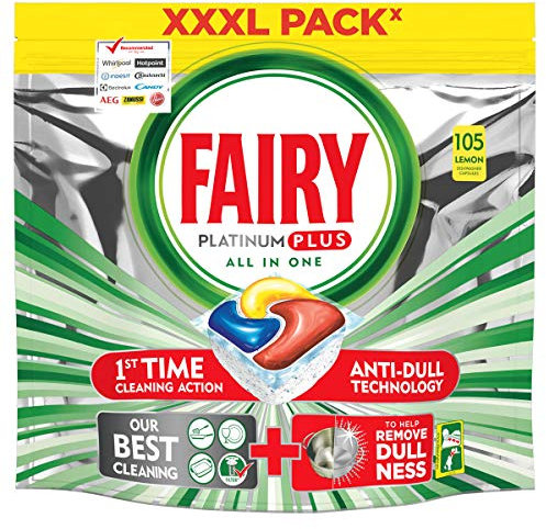 Fairy Platinum PLUS - Spülmaschinentabs All-In-One Tasche mit 105 Kapseln Zitrone, Lemon Geschirrspültabs, Geschirrspülmittel Tabs in Sparpack