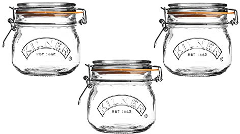 Kilner Set di 3 barattoli rotondi da 0,5 litri (3 x 500 ml) ermetici in vetro per conservare marmellate e alimenti secchi, riutilizzabili