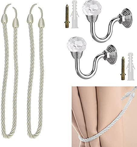 STCRERAG 2 PCS Kristall Wand Montiert Vorhang Holdbacks Metall Kristall Vorhanghalter Montage Raffhalter U Wandhaken Quaste Vorhang Raffhalter Haken Gardinenhalter Wand Silber für Rückhalte Gardinen