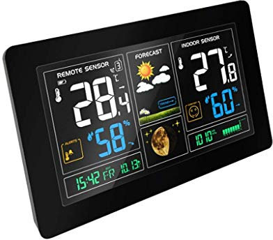 DBOATB Reloj Despertador con Estaciones meteorológicas Estación meteorológica Sensor inalámbrico para Interiores/Exteriores Pantalla a Color Relojes de monitoreo del Clima Relojes despertadores A
