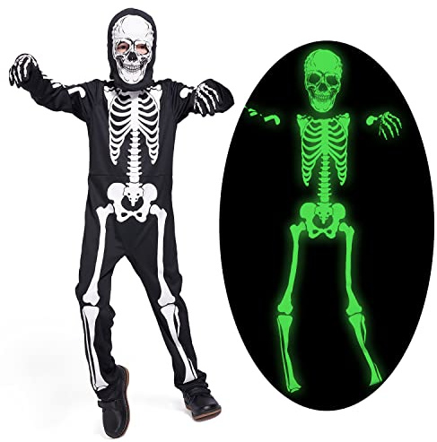Sincere Party Glow In the Dark Skeleton White Bones Skeleton kostym med handskar och huva för barn 9-11år