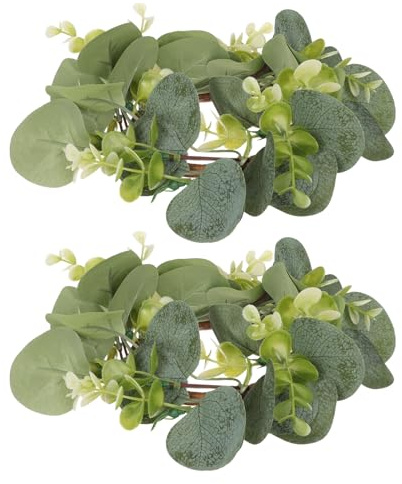2 Stück Kerzenringe Eukalyptus Kranz Klein: 25 cm Künstliche Eukalyptusblätter Kranz Kerzenringe Stumpenkerzenhalter für Herbst Weihnachten Hochzeit Haustür Tischdekoration Mittelstück
