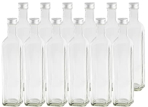 12 leere Glasflaschen Flaschen Maraska 500ml mit Schraub-Deckel Silber, Eckig, zum selbst Abfüllen Likörflasche Schnapsflasche