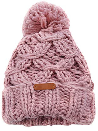 Unbekannt Strickmütze Mütze Warm Dame Bommel Mütze Damen Mütze Gefüttert Fell-Bommel Kunstfell Wintermütze Bommelmütze Grobstrick Wintermütze Mit Bommel