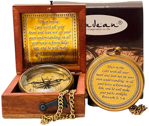 Trust in The Lord with All Your Heart – Sprichwörter 3: 5–6 Zitat gravierte Kompassgruß-Holzbox, inspirierendes Geschenk, Taufe 2024 Abschlusstag (1 Kompass der Trust in The Lord)