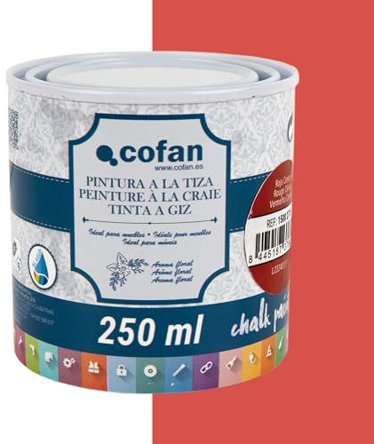Cofan Pintura a la tiza | Chalk paint | Acabado efecto tiza | Adecuada para restauración y decoración de muebles | Capacidad: 250 ml (ROJO CEREZA)
