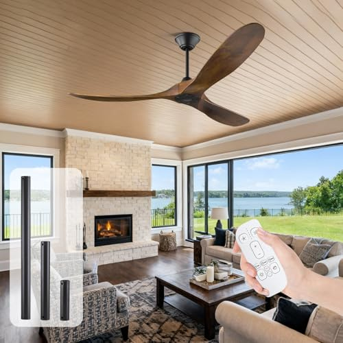 Ventilador de techo de 152cm con mando a distancia, ventilador de techo exterior de 3 aspas con hélice de madera sin luz para patios, motor de CC, temporización de 1-8 h, tiefes Walnussholz