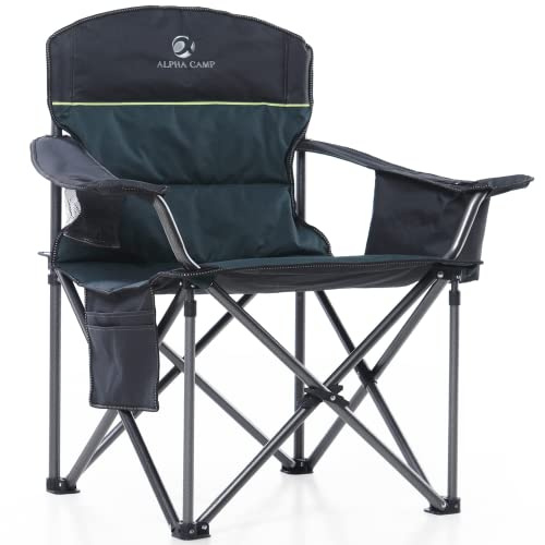 ALPHA CAMP Camping Chairs for Adults Folding Camping Chair Heavy Duty Folding Chair Support 200 KG Oversized Padded Camp Chairs with Carry Bag and Cooler Bag Portable for Picnic Fishing(Green)