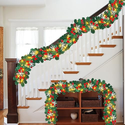 Sonnewelt Weihnachtsgirlande 5M,Tannengirlande grün mit Beleuchtung 100 LEDs,Warmweiß, für Inneneinrichtung Kamin Treppe Wand Tür Draußen, Tannengirlande Künstlich,Girlande Weihnachten