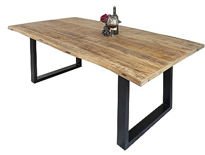 SAM Esstisch Derek 240x100 cm Mangoholz Natur Baumkante U-Gestell schwarz | Baumkantentisch massiv, naturfarben lackiert, 26 mm Tischplatte, Metallgestell