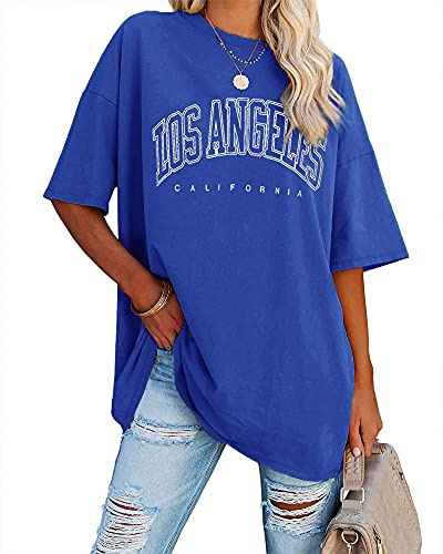Ebifin Dam oversize t-shirt vintage kortärmad rund hals toppar casual lös basic sommar t-shirts skjortor blus., blå, S