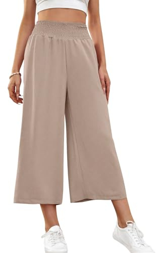 HMIYA Damen 3/4 Culotte Hose Leichte Weites Bein Sommerhose,Khaki,L