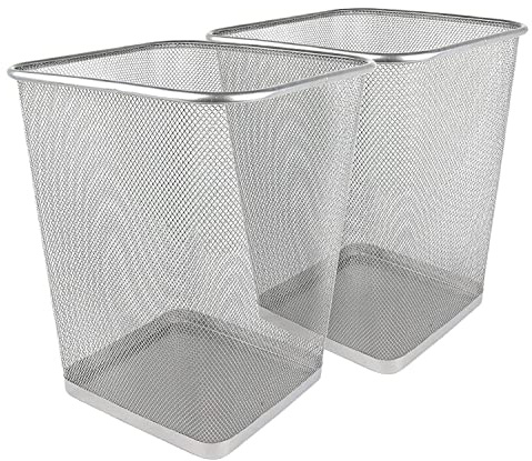 VIVAAS Silver Square Metal Waste Paper Bin Lightweight Mesh Trash Can Waste Basket Garbage Can Waste Bin for Bathrooms, Kitchens, Home Offices, Living Room, Indoor Garbage Mesh Bin (2)