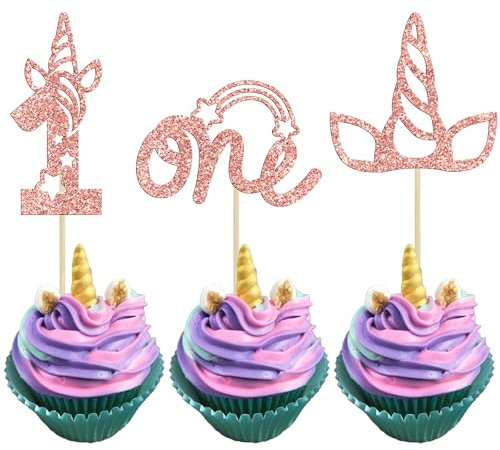 Gyufise 24Pcs Unicorn One Cupcake Toppers Glitter Unicorn 1st Birthday Cupcake Picks Rainbow Unicorn Cake Decorations for Baby Shower Boys Girls 1st Birthday Party Cake Decorations Supplies Rose Gold