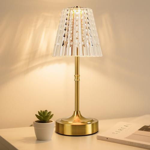 Gkeiten Touch Cordless Table Lamp Rechargeable, 3600mAh Battery Operated Small Crystal Lamp, 3 Color Dimmable Vintage Gold Table Light for Bedroom/Kitchen/Gift for Home Décor ((Luxury Style)