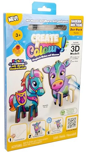 Create N Colour - Bauernhoftiere Kuh & Pferd: 3D Holzmodell zum Gestalten mit Wasser, inkl. Wassermalstift, 2er Pack (201015)