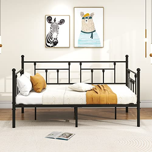 VERFARM Day Bed Frame 90 x 200 cm Bed, Single Bed Sofa Bed with Slatted Frame for Guest Room, Youth Bed, Metal Bed, Day Bed, Bed Frame for Bedroom, Living Room, Black