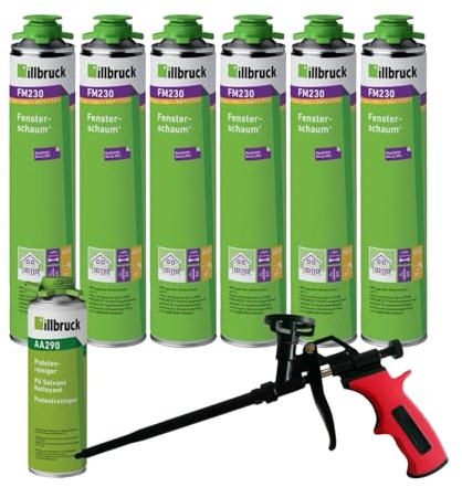 FM230 Bauschaum Fenster und Fassadenschaum PLUS, bis zu 30% flexibel, Montageschaum Fensterschaum hohe Schalldämmung Wärmedämmung 750ml Kombisets (mit Reiniger AA290 + Schaumpistole Business, 6x)