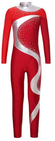 Yruioon Kinder Turnanzug Mädchen Langarm Gymnastikanzug Glitzer Ballettanzug Farbblock Ganzkörper Trikot Eiskunstlauf Body Sport Overall Jumpsuit Rot&Weinrot 122-128