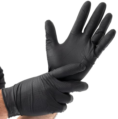 FRANZ MENSCH 50 Stück Hygostar Nitrilhandschuhe Power Grip | puderfrei, Packung, schwarz, 8/M, L: 24cm, Einweghandschuhe, Mechaniker, Latexfrei, Fischschuppen-Struktur