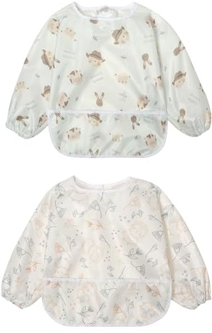 Little Dimsum hel ärm matningshaklapp 2-pack, baby och småbarn vattentätt haklappförkläde, matskydd stor ficka äta smock 6-36 månader (hatt björn och uggla)