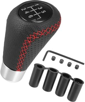INFINAUTO Black 6 Speed Car Gear Shift Knob PU Leather with Hole | with Red Stitches, Stylish Design