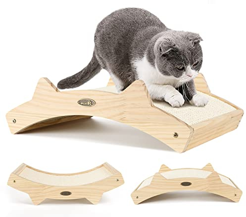 pecute Katzen Kratzbrett aus Massivhol(42x27.5x12cm), Doppelseitig Haltbarer Katzen Kratzmatte Kratzteppich zum Schlafen, langlebiges Kratzpappe & Filz, Kratzen und Spielen, 3-in-1 Katzen Spielzeug
