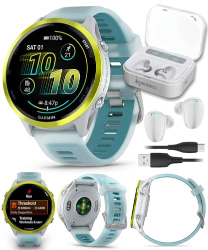 Garmin Forerunner 570 47mm Advanced GPS Running & Triathlon Smartwatch AMOLED Display Training & Recovery Amp Yellow Aluminum w/Translucent Whitestone/Turquoise Band w/ Wearable4U White EarBuds Bundle