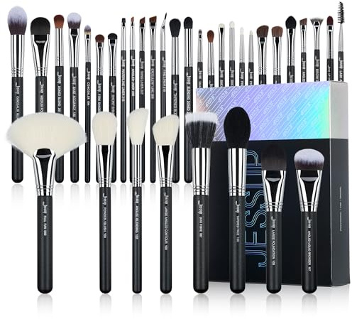 Jessup Set Brochas de Maquillaje Profesional 35pcs, Brochas Sintéticas Premium Etiquetadas para Base,Sombras,Corrector, Contorno, Delineador, Rubor,Polvos y Cejas, Libre de Crueldad,Negro T342