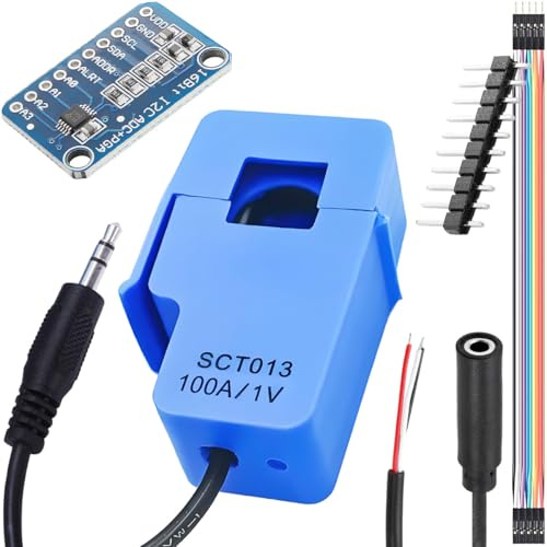 DAOKAI SCT-013-000 Transformateur de courant Transformateur de courant à noyau divisé non invasif CA 100 A/1 V + carte de conversion ADC ADS1115 avec câble de connexion et câble audio femelle