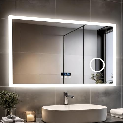 LUVODI Badspiegel mit Beleuchtung Bluetooth: 100x70cm Led Spiegel mit 3-Fach Schminkspiegel und Uhr, 3 Lichtfarbe Einstellbare Badezimmerspiegel Beschlagfrei Speicherfunktion, Wandspiegel