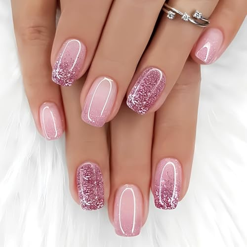 Viugex 24 st fyrkantiga korta lösnaglar, fransk rosa gradient falska naglar, naturliga återanvändbara glitter tryck på naglar, full täckning konstgjorda nagelspetsar för kvinnor flickor