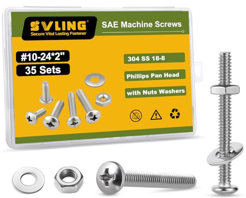 SVLING #10-24 x 2 Pan Head Machine Screws Nut Bolt Washer Assortment Kit,(35 Sets) 304 Stainless Steel 18-8 Phillips Drive Full Thread Assorted