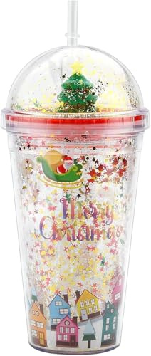 Rongchenghao Vaso de plástico de Navidad de 480 ml con pajita de doble pared con popote y tapa, adecuado para agua fría, café, jugo, batidos, té